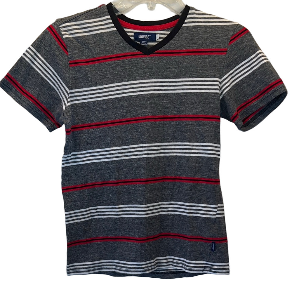 Univibe Gray V-Neck Short Sleeve Tee with Red & White Stripes